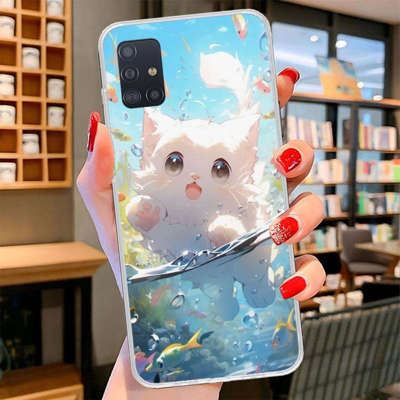 Cartoon Cute Cat Fish Aesthetic Cover Phone Case For Samsung Galaxy A12 A22 A32 A52 A72 A02S Phone Case Note 20 Ultra 10 S10 Plu