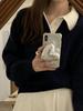 Women's Blue Cross-Color Knit Sweater - Autumn/Winter Korean Style Long Sleeve Short Top