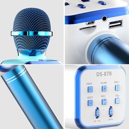 DS878 Wireless Microphone Five Sound Modes Support U Disk/TF Card Metal 4 In 1 Bluetooth-compatible Condenser Mic Music Player for Boys Girls