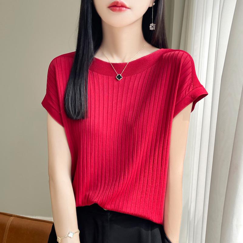 Women's Summer Solid-Color Loose-Fit Knit Top Lightweight Elegant Round-Neck Blouse