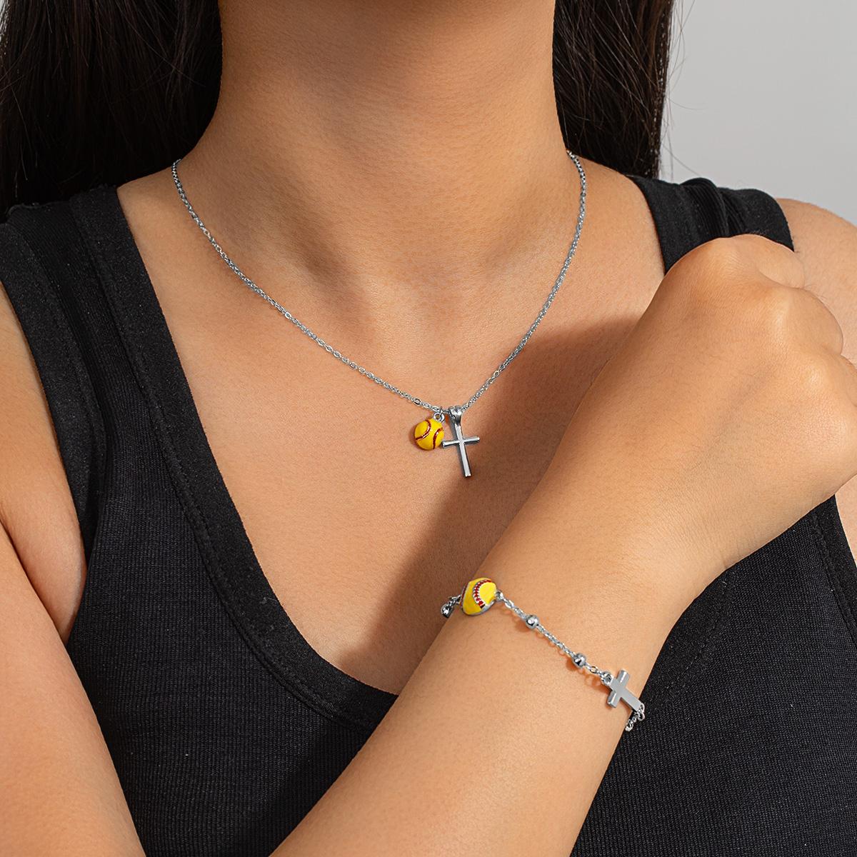 

Softball Pendant Necklace and Cross Bracelet Set, Sporty Style with Religious Belief
