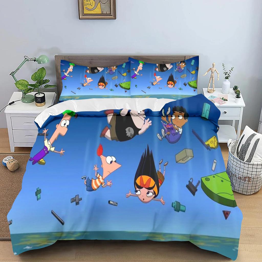 Phineas a Ferb Povlak na přikrývku, Kreslený potisk Polyesterová přikrývka do dětské ložnice, Anime, Útulné ložní prádlo do pokoje, Různé velikosti
