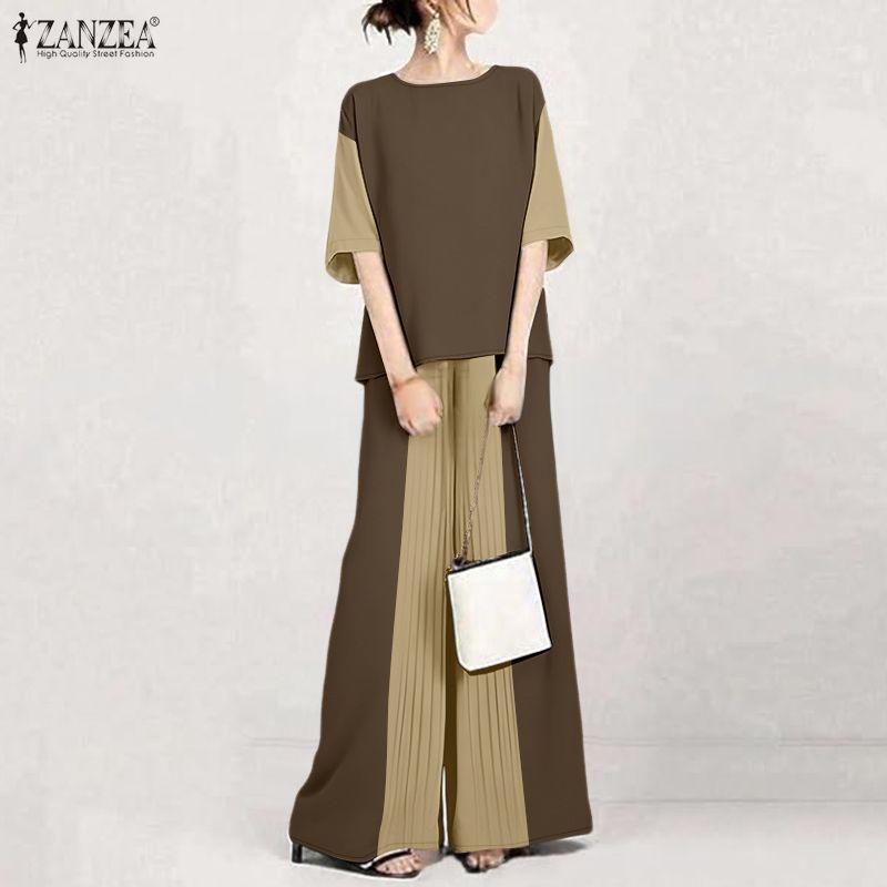 ZANZEA Women Half Sleeve Blouse and Loose Wide Leg Pants Casual Two Piece Suit Sets