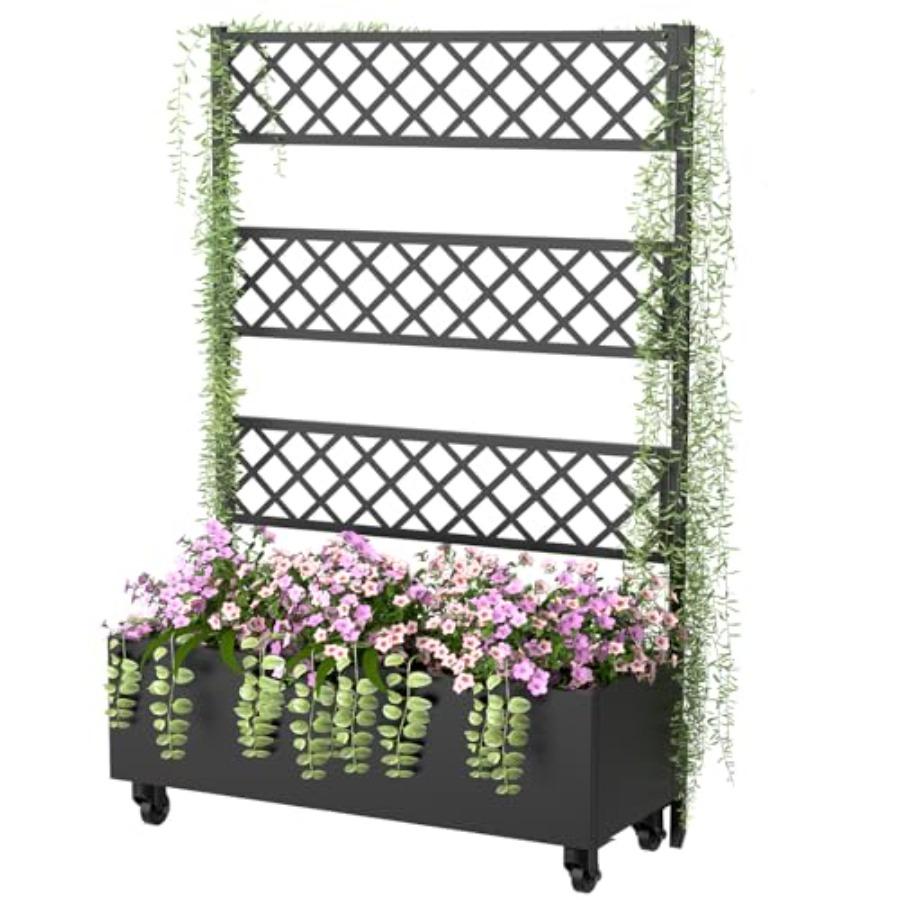 

Metal Planter Box with Trellis Privacy Screen 67x41x16 Raised Garden Bed with Planting Bag Lockable Casters for Climbing Plants United States