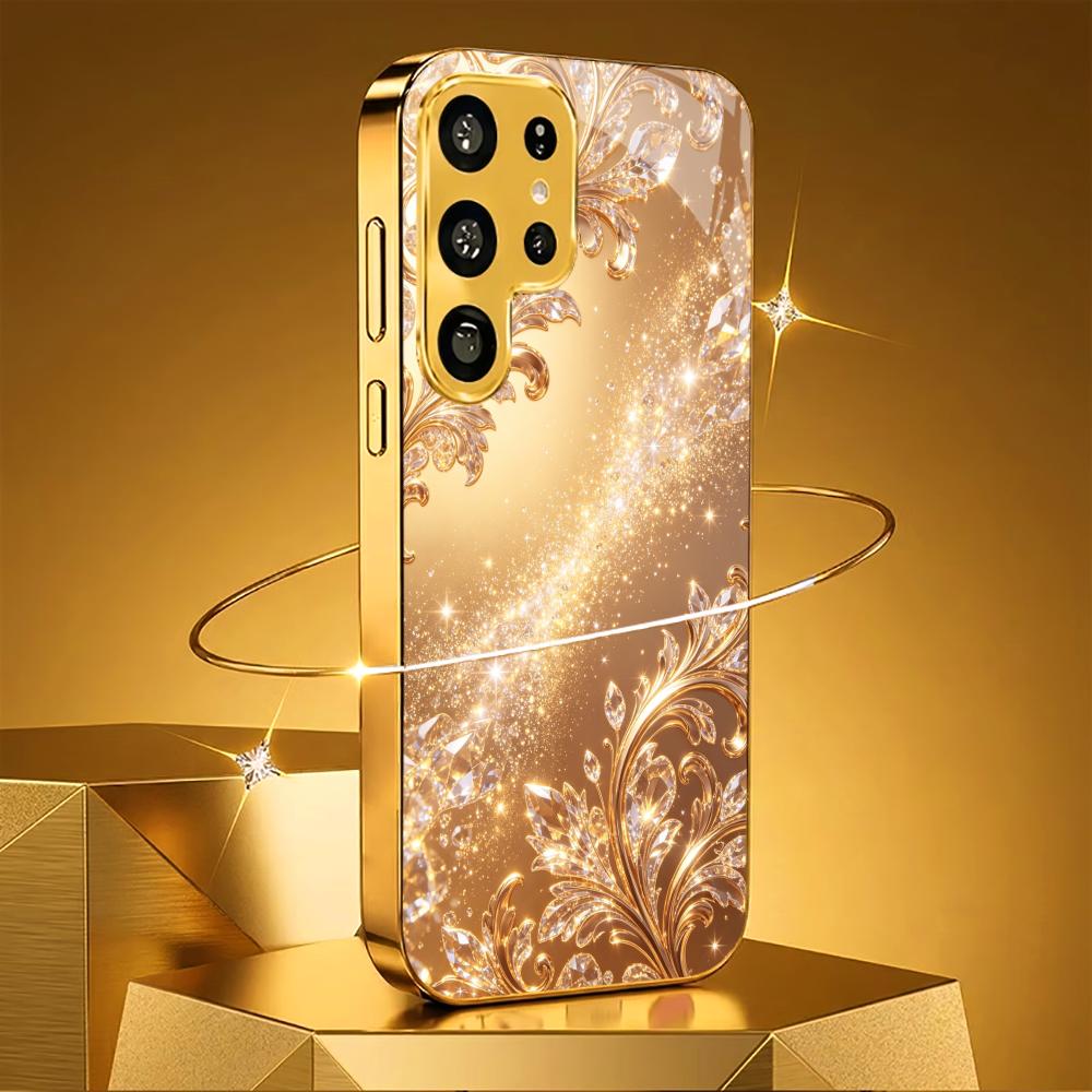 Golden Glittering Floral Pattern Phone Case S26 Ultra Case S25 Ultra Case Glass for Samsung Galaxy S26 S25 S24 S23 FE Ultra Plus
