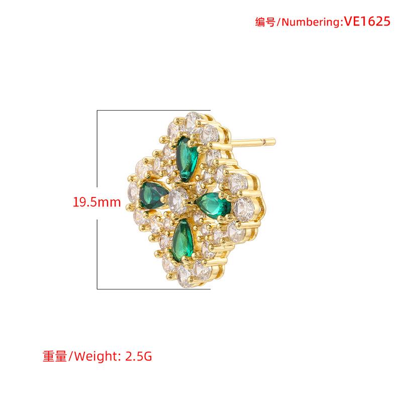 Light Luxury Copper Inlaid With Colored Diamonds, Four-Leaf Clover Earrings, Women'S High-End Flower Petal Earrings Ve1625