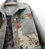 Plus Size Women Spring Autumn Splicing Pocket Denim Jacket Female Jacquard Embroidery Slim Short Outwear Vintage Print Coat