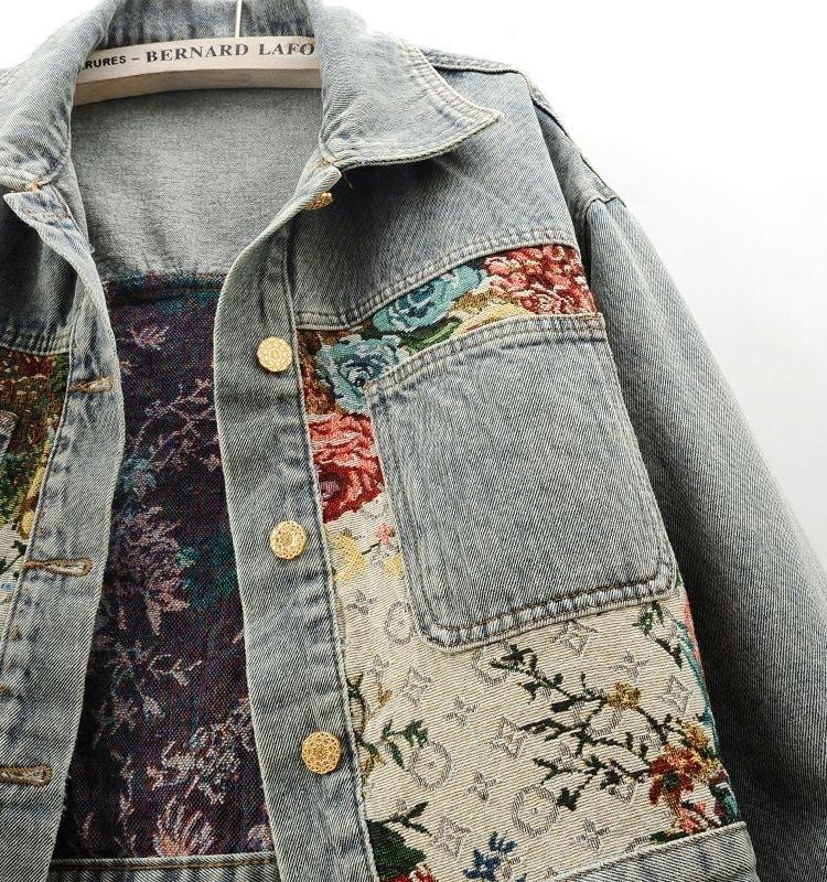 Plus Size Women Spring Autumn Splicing Pocket Denim Jacket Female Jacquard Embroidery Slim Short Outwear Vintage Print Coat