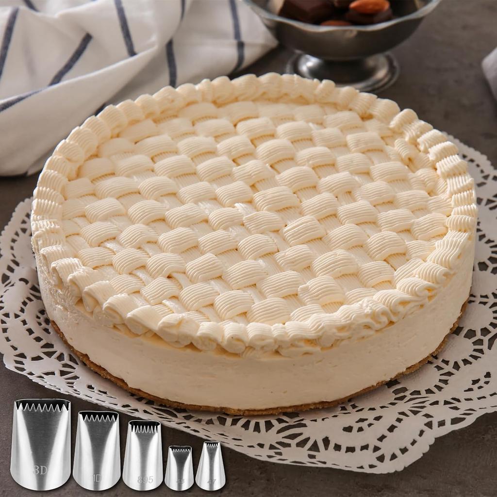 5Pcs Basketweave Piping Tip Set,Stainless Steel Half Row Braided Flower Mouth Nozzles with 10Pcs Disposable Piping Bags,Braided Decorating Tube