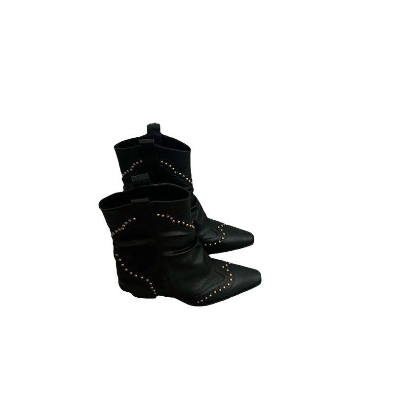 Summer 2025 New Vintage Pointed Western Boots Women's Brown Riveted Pants Boots Versatile Thick Heel Fashion Boots