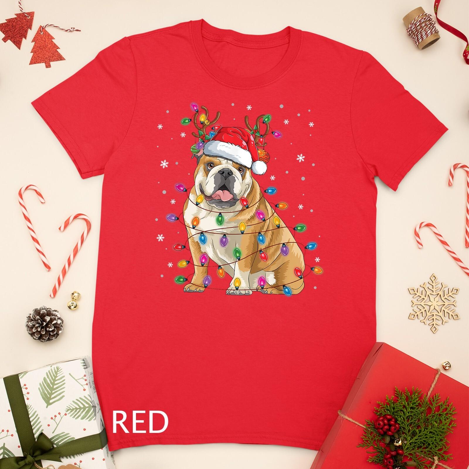 English Bulldog Christmas Reindeer Santa Hat Funny Dog Lover Unisex T-Shirt Mens Womens Tees Top 2XL