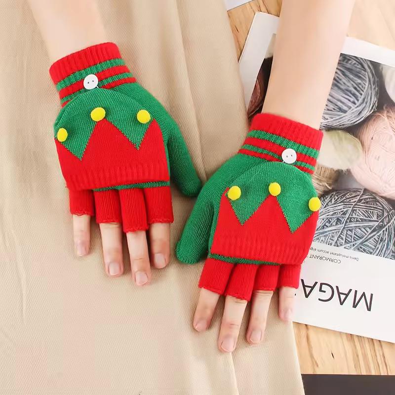 Red Christmas Fingerless Flip Gloves for Women Elk Christmas Tree Printed Holiday Atmosphere Warm Knitted Glove Student Supplies