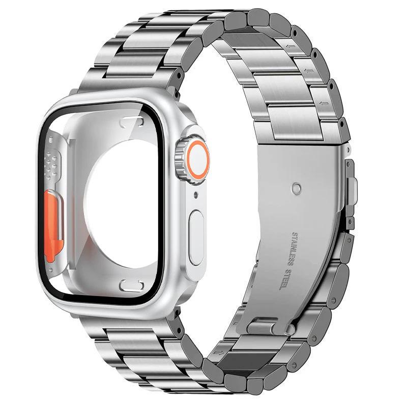 Compatible with Apple Watch Series 10 (46/40/41/44/45mm) Stainless Steel Three-Bead Strap + Full Coverage PC Case
