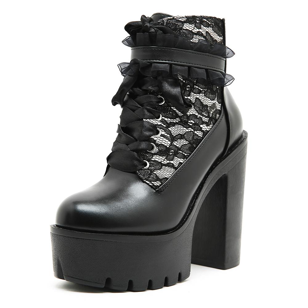 Gdgydh Gothic Lace Patchwork High Heel Ankle Boots For Women Zipper Chunky Heels Platform Short Boots Nightclub Shoes Autumn