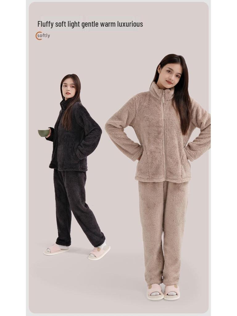 Women's Cloud Coral Fleece Pajama Set - Autumn/Winter 2025, High-Neck Flannel with Plush Velvet