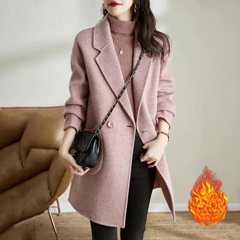 Woolen Coat Women's New Autumn and Winter Korean Version Temperament Thickened Medium and Long Herringbone Pattern Woolen Coat