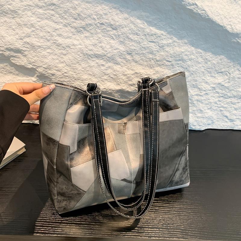 Patchwork PU Leather Casual Tote Bags For Women Large Capacity Commuting Shoulder Bag Ladies Handbags For Travel Shopping