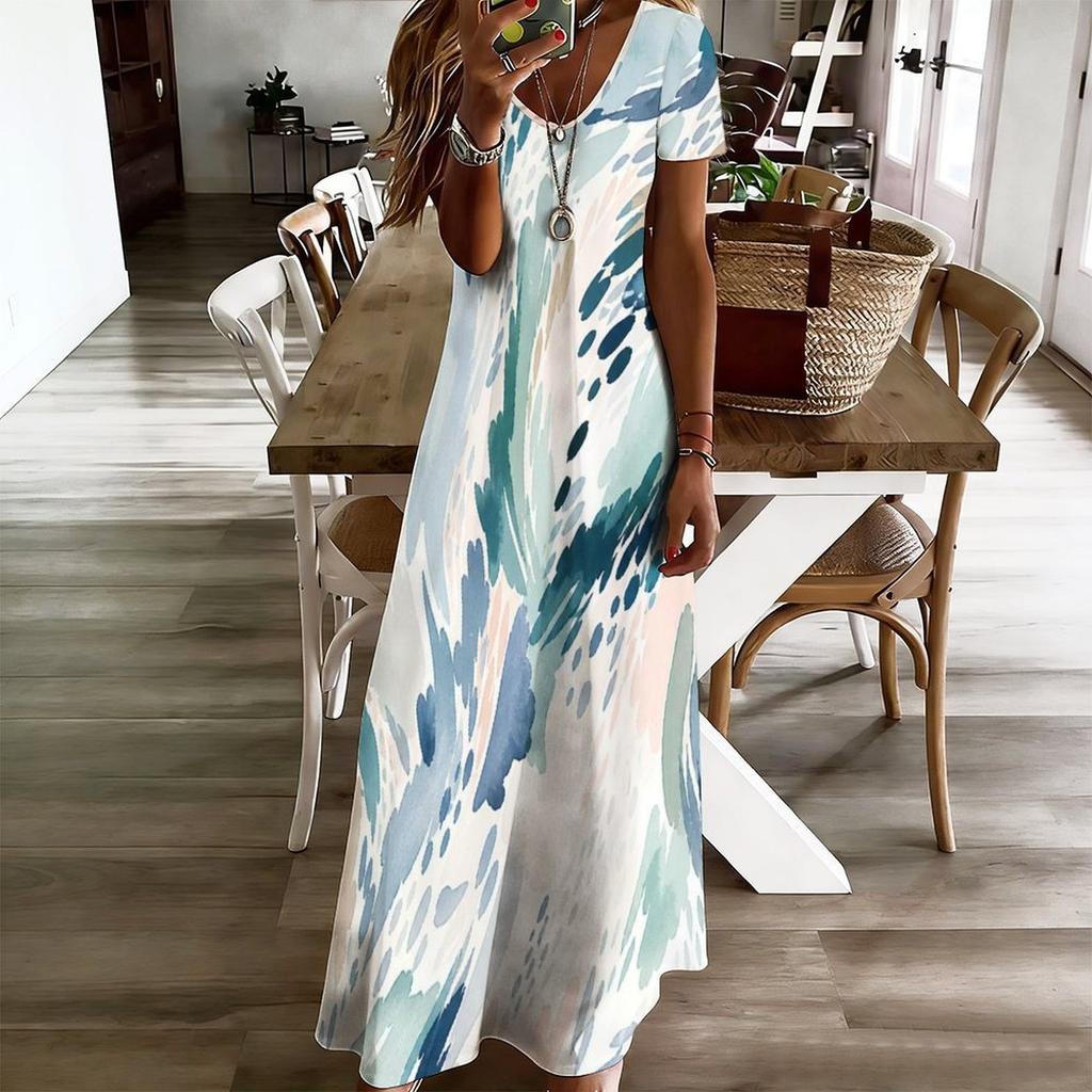 Women Plus Size V Neck Short Sleeve Printed Straight Maxi Dress
