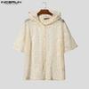 INCERUN Men Lapel Short Sleeve Lace Crochet Mesh Sheer Casual Loose Shirts Tops