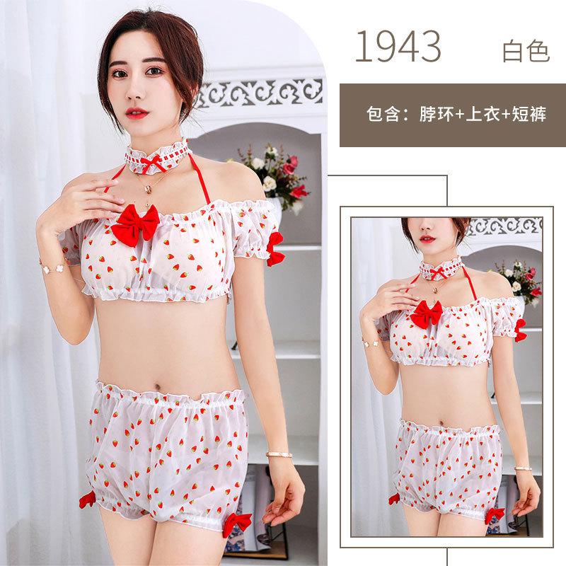 Sex Lingerie Chiffon Strawberry Print Sexy Chest Wrap Perspective Sex Uniform Seduction Cosplay