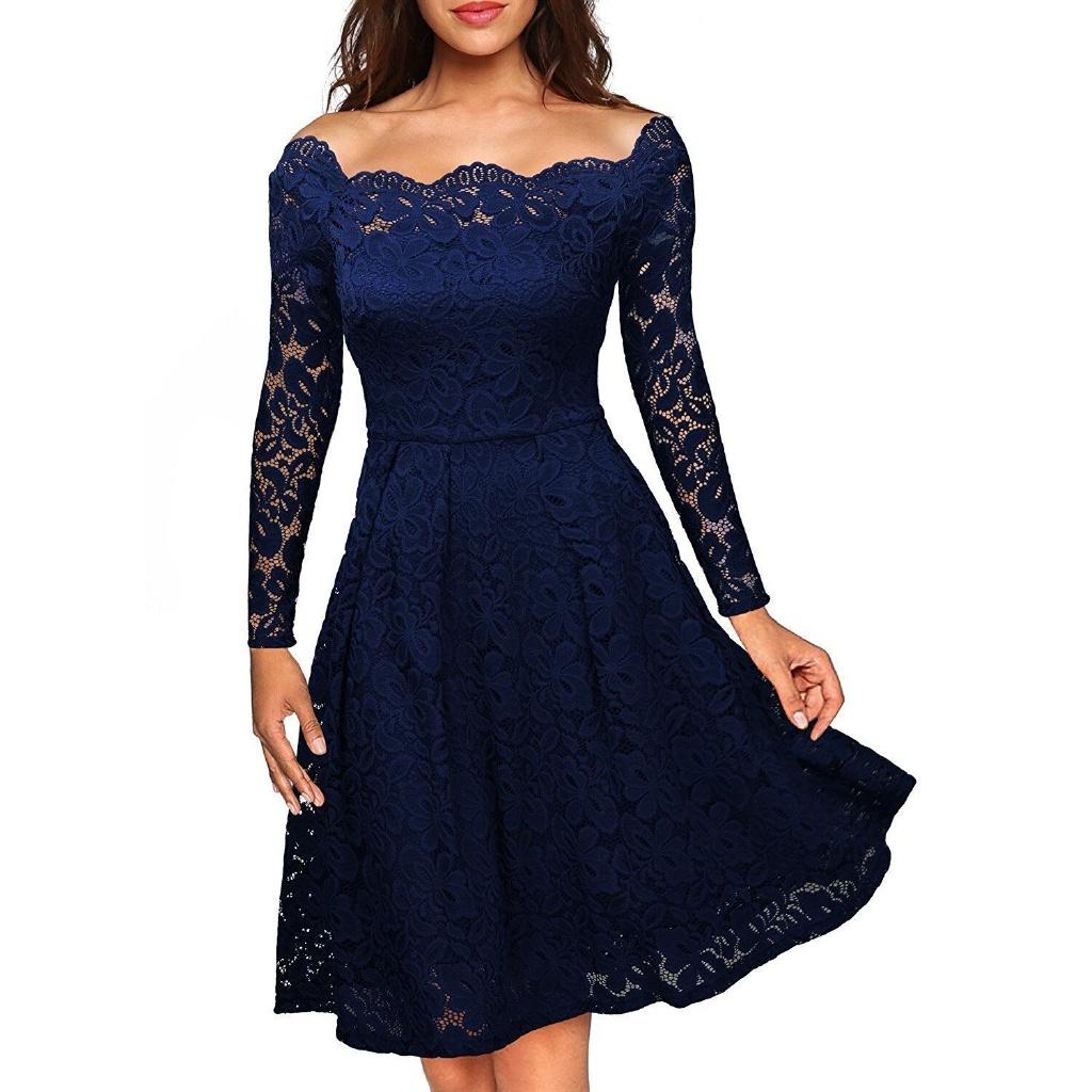 Elegant Women's Vintage Lace Boat Neck Formal Wedding Cocktail Evening Party Swing Dress
