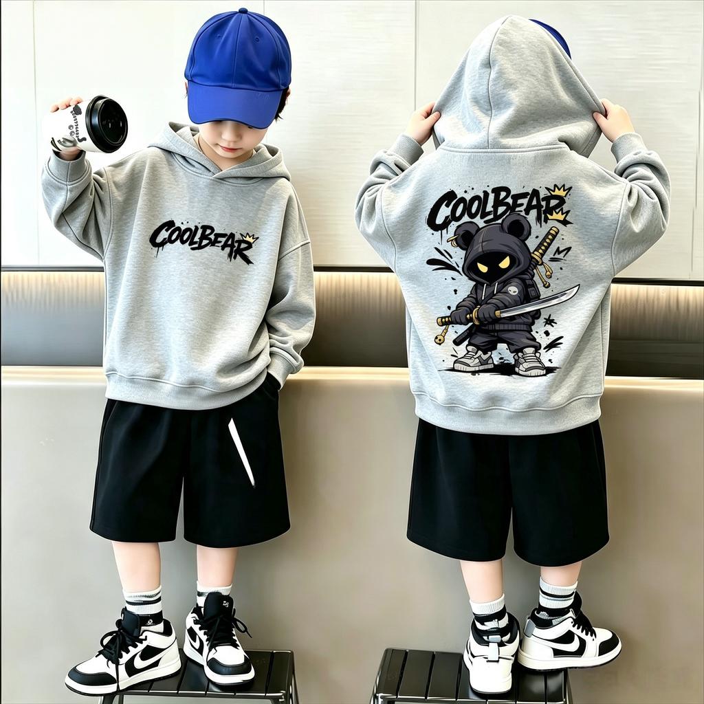 Men's and Women's Universal Casual Children's Hooded Sweatshirt Fall/Winter Retro Cartoon Bear Patterned Printed
