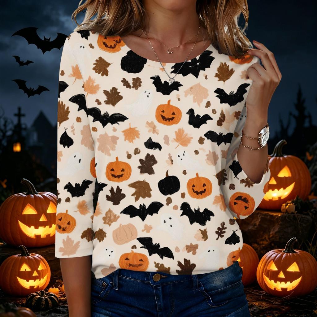 Women's Casual Halloween Print Round Neck Three Quarter Sleeve T Shirt Top Lightweight Comfortable Fit for Seasonal Wear