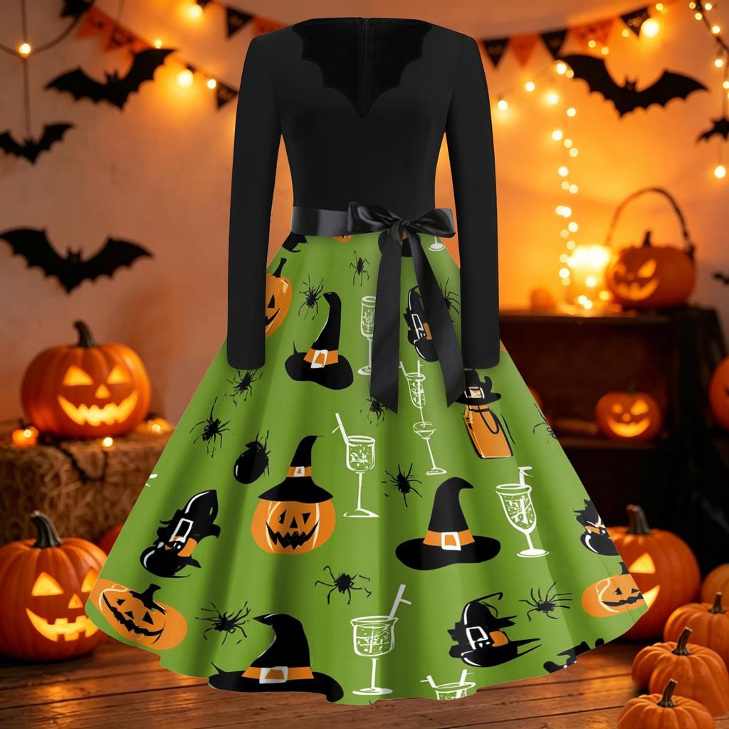 Women Casual Vintage Halloween Dress V Neck Long Sleeve Belted Waist Retro Printed Midi Dress for Autumn and Party