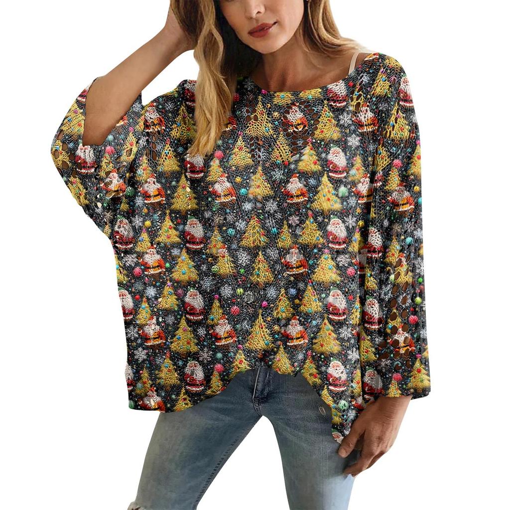 XY-LK01-Pullover hollow blouse 3D printed sweater spring and summer new
