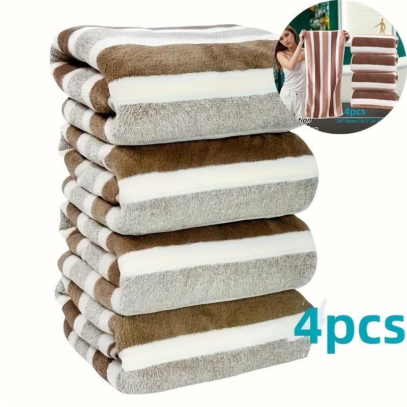 

4pcs Coral Fleece Towel Set, Contemporary Striped, Super Soft, Quick-Dry, 13.7 x 29.5 Inches - Perfect for Bathroom коричневий