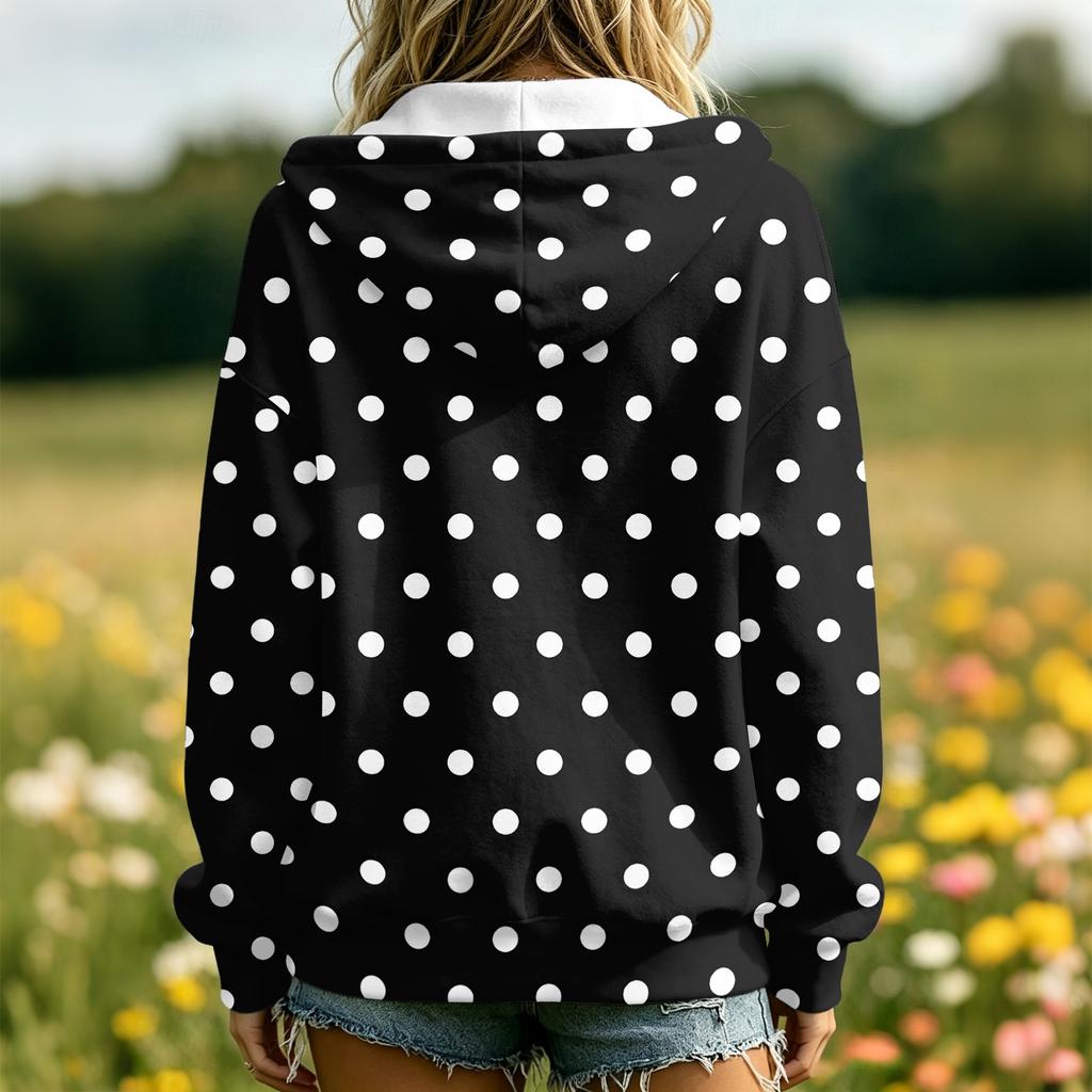 Women's Polka Dot Print Long Sleeve Hooded Jacket with Pockets and Casual