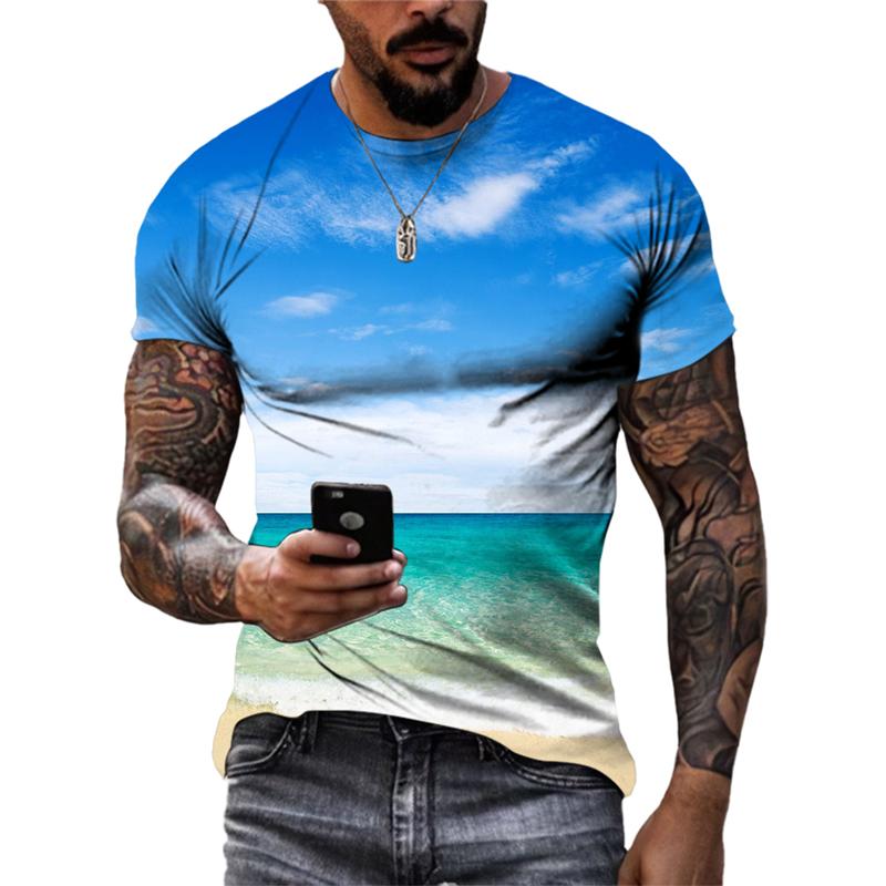 Sommersollys Havbølge Sand Casual Stil grafiske t-skjorter Mote Nye Menn Fritid Trykket Rund Hals Kortermet T-skjorter Topper