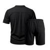 Men's 2-Piece Casual Outfit Henley Neck Short Sleeve T-Shirt Elastic Waist Shorts Set Summer Breathable Textured Tracksuit