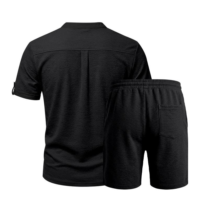 Men's 2-Piece Casual Outfit Henley Neck Short Sleeve T-Shirt Elastic Waist Shorts Set Summer Breathable Textured Tracksuit
