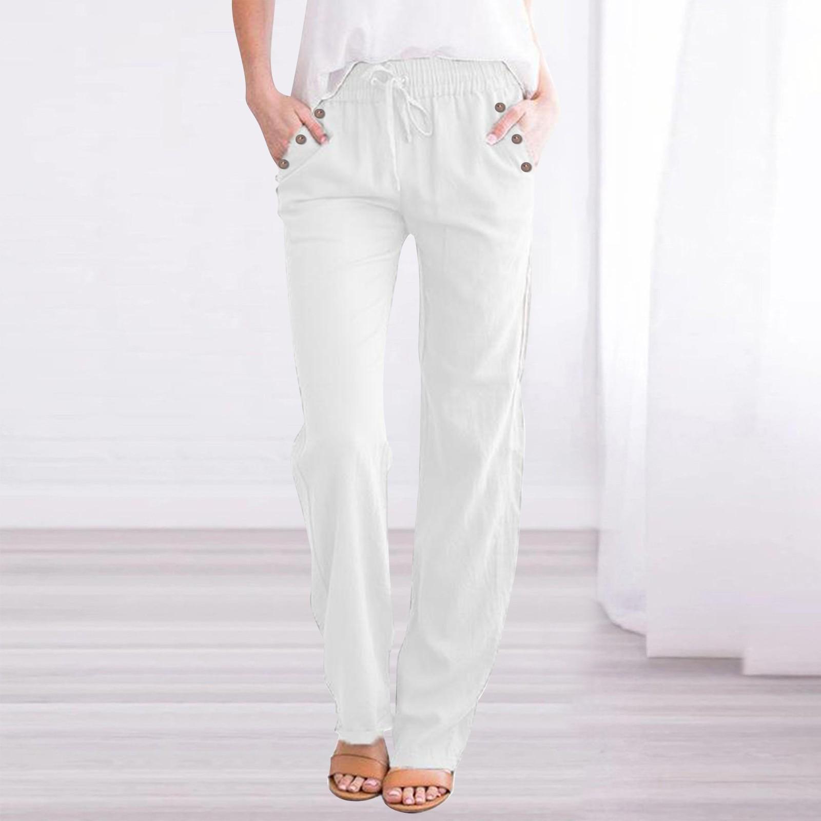 

Жіночі бавовняні лляні штани Літні широкі повсякденні вільні шнурки з високою талією Штани палаццо з кишенями S білий