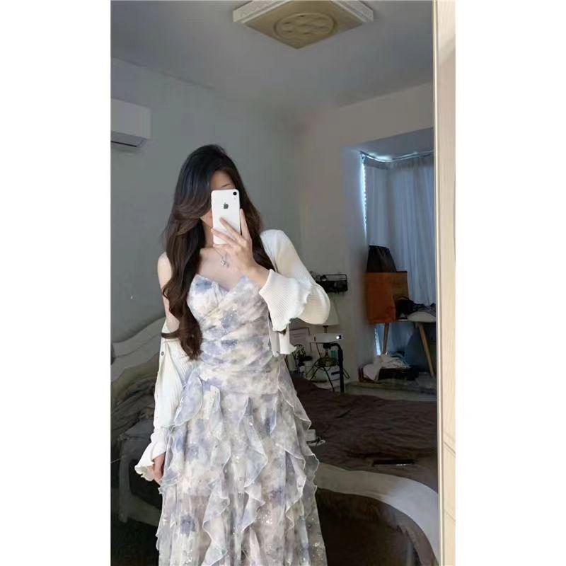 Vestido de tirantes floral de verano para mujer - Escote en V, Estilo de hada que acentúa la cintura, Dulce y moderno