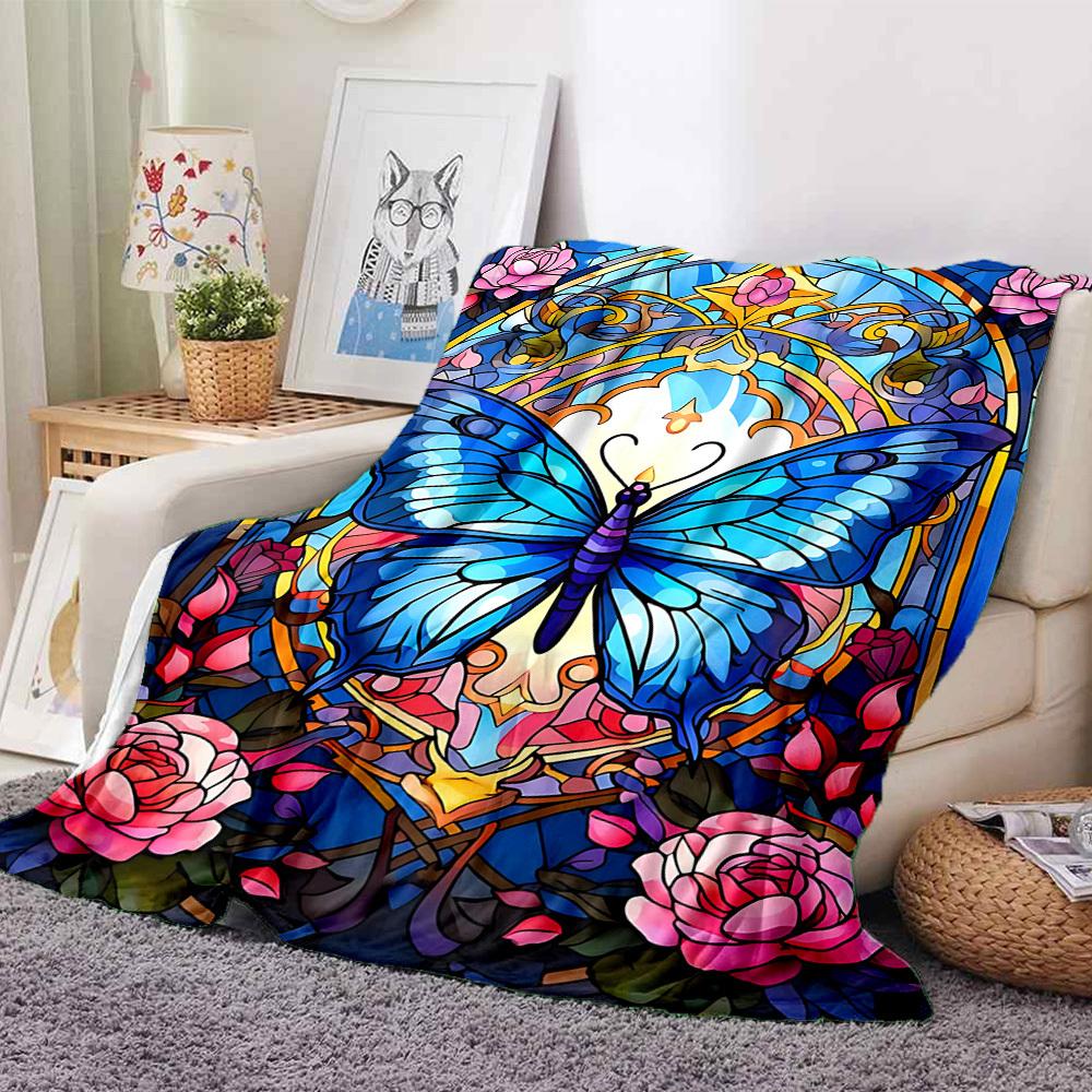 1pc Butterfly StainedGlass Lightweight Flannel Blanket, Comfortable and Warm Blanket, for Office and Camping Sofa Bed, Livingroom171