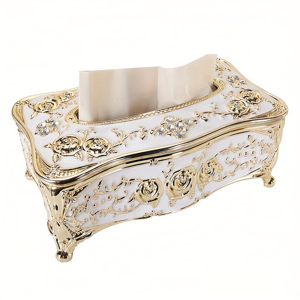 [Rose Pattern Tissue Box] Golden-plated Luxurious Tissue Box - Rose Pattern, European and American Style - Suitable for Multiple Rooms and Occasions