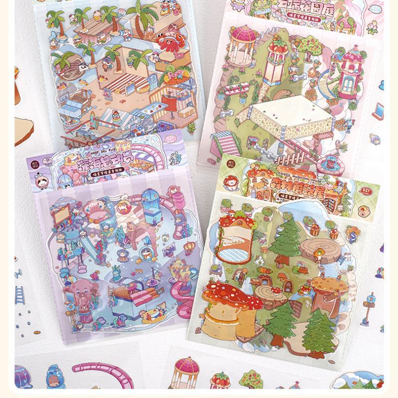 New Landscape Sticker Cabin Scene DIY Toy2.5D Cartoon Seaside Town Game Sticker Festival Birthday Gift for Kid Child Girl