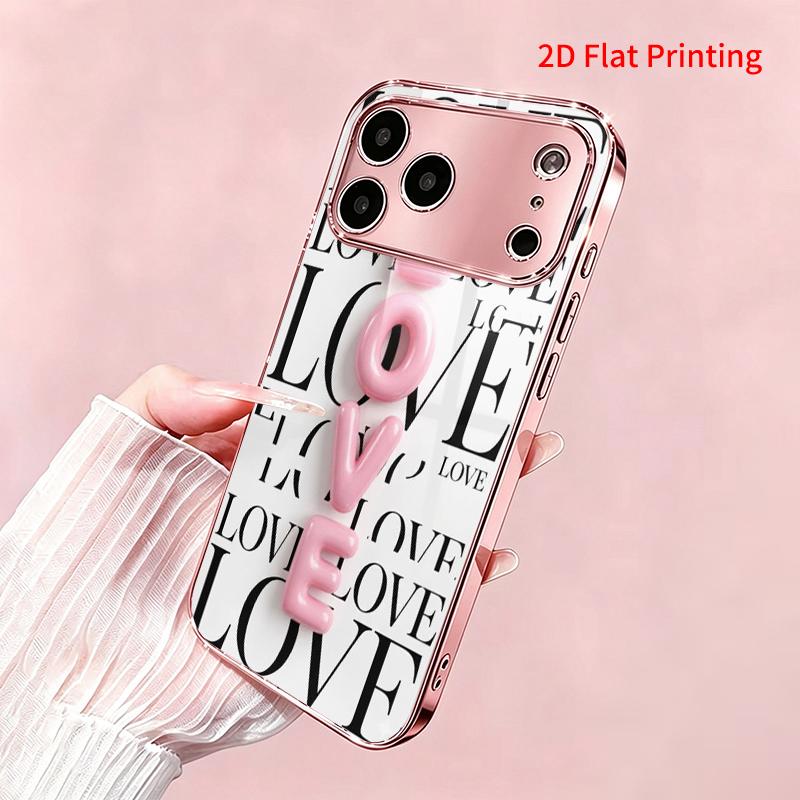 2DFlat electroplated tempered glass phone case,Pink 3D Love Letters on White Background,suitable for iPhone 18 Pro Max 17 16 15 14 13 12 11