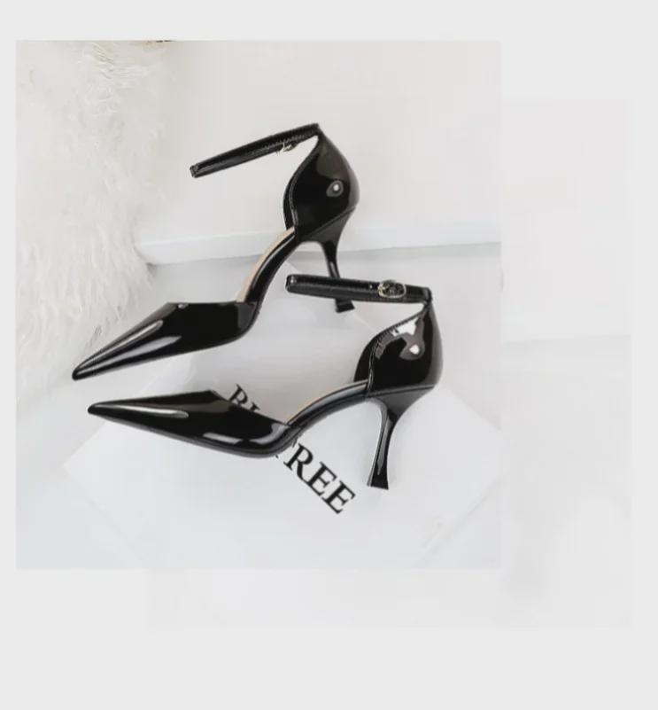 European & American High Heel Pointed Patent Leather One-Strap Sandals with Sexy Hollow Design