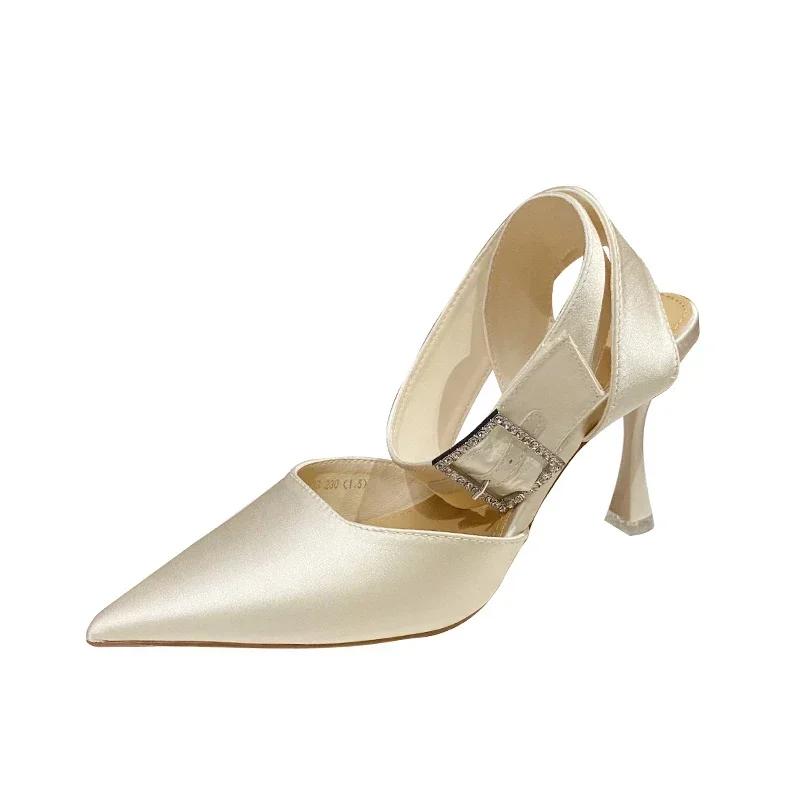 

Fashion New Luxury Women s Sandals Sexy High Heels Temperamental Pointed Satin Baotou Square Buckle Rhinestone Party Shoes Summer 34