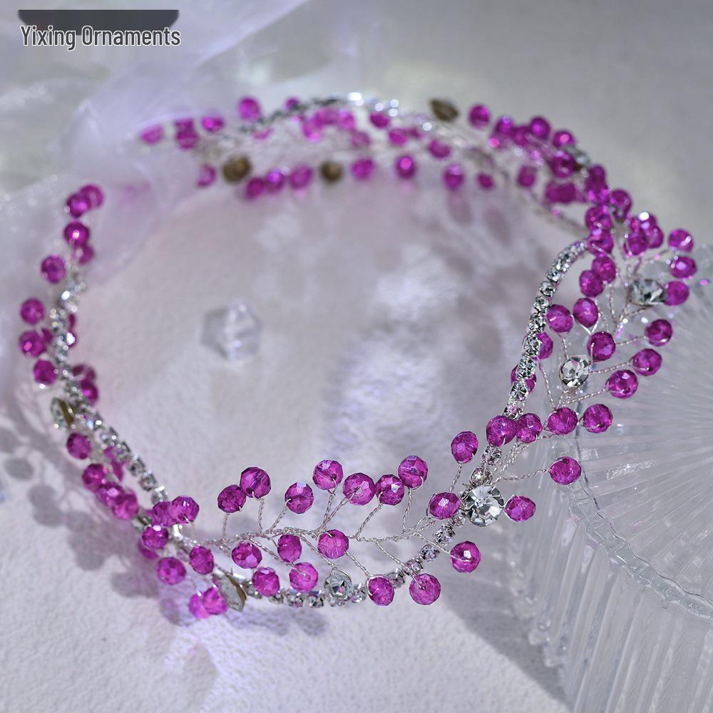 Yixing Handmade Pink Crystal Beaded Floral Hair Clip & Headband Bridal Accessory