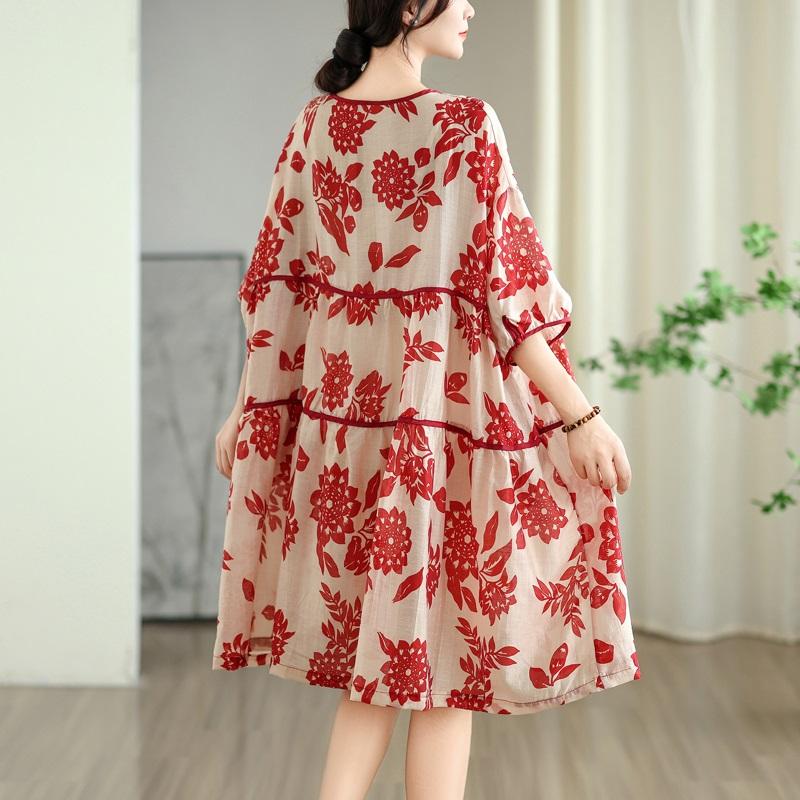Krótki rękaw Plus rozmiar Bawełna vintage kwiatowe nowe sukienki dla kobiet swobodna luźna sukienka midi letnia