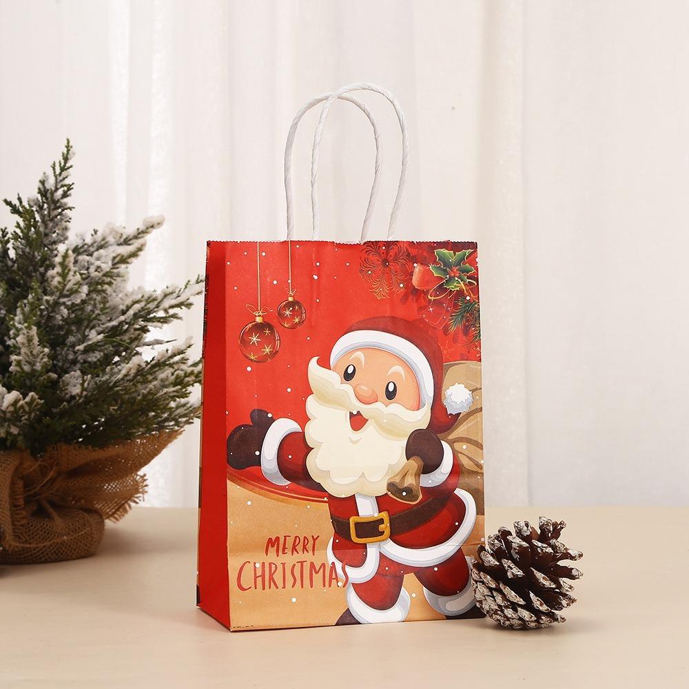 6Pcs Merry Christmas Kraft Paper Bags Santa Claus Red Paper Candy Biscuit Bags Elk Snowflake with Handle Gift Packaging Bags