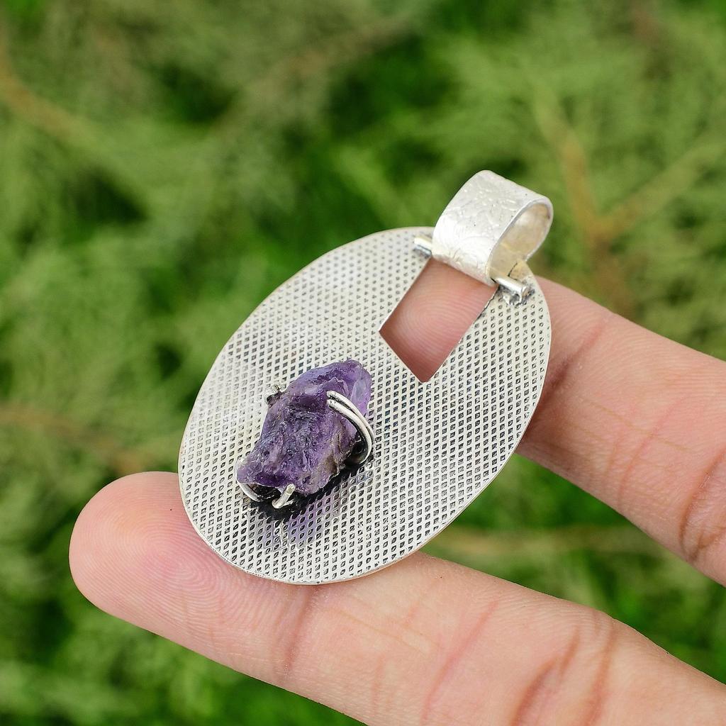 Daughters Day Sale 925 Silver Octagon African Amethyst Rough Gemstone Pendant