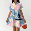 Women Casual Loose Fit Button Front Dress Shirt Dress with Stand Collar Short Sleeve Hawaiian Print Summer Dress