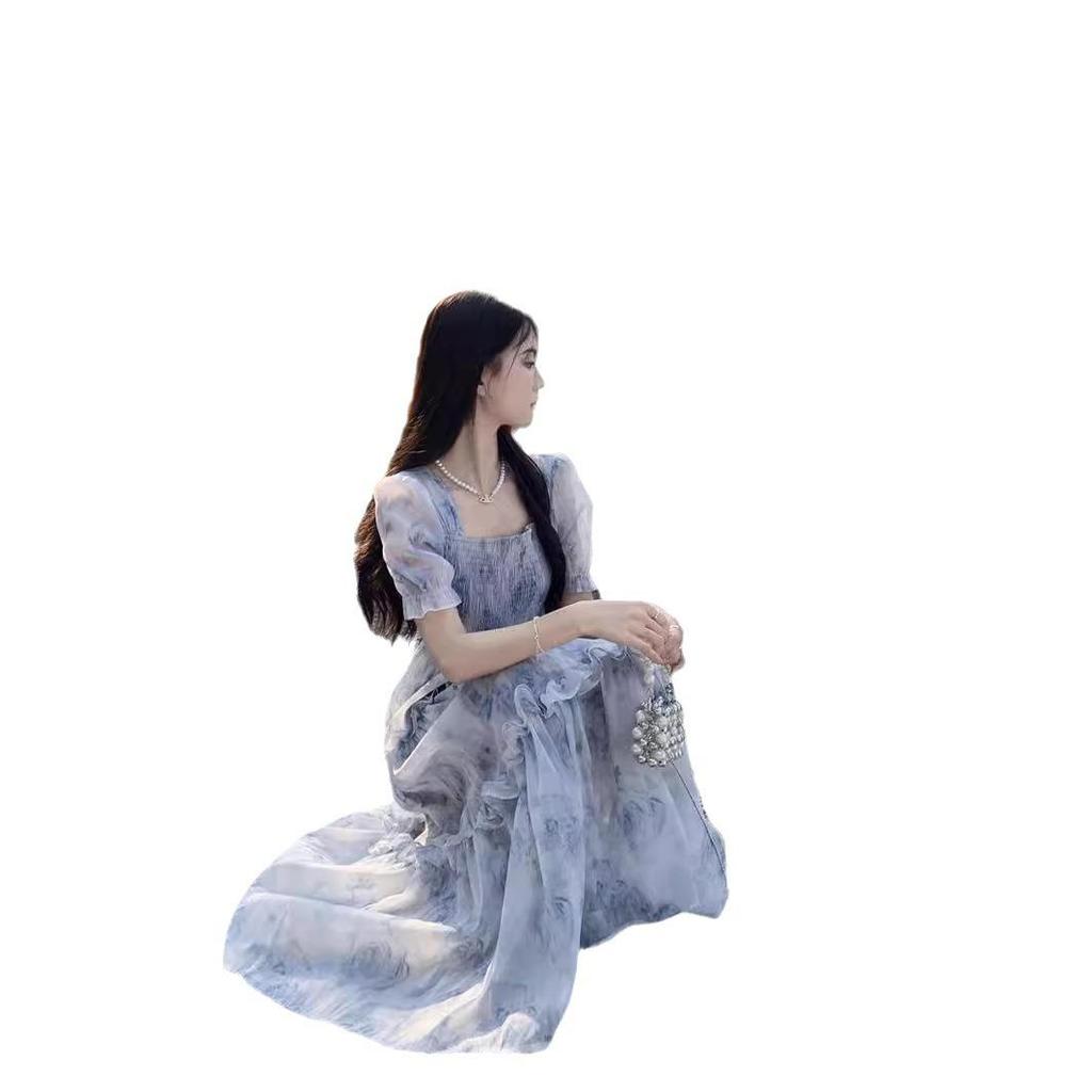 Summer 2024 Retro Floral Square-Neck Long Dress - Mori Style, Waist-Slimming Flounce Fit