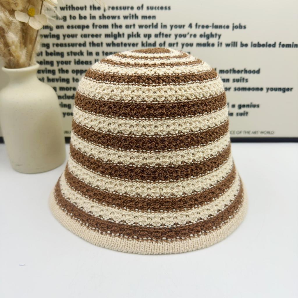 Retro Contrasting Striped Knitted Hat Breathable Sunscreen Bucket Hat Casual Face Small Sun Hat Children