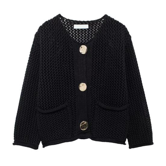 

Женский свитер с круглым вырезом, длинный рукав, однобортный трикотажный свитер с карманами, однотонный кардиган S чёрный